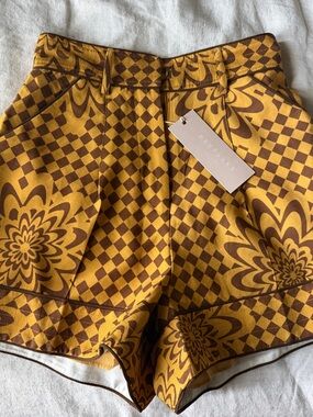 NWT- KEEPSAKE the Label Yellow & Brown High-Waist Floral Checkered Shorts Sz S/4